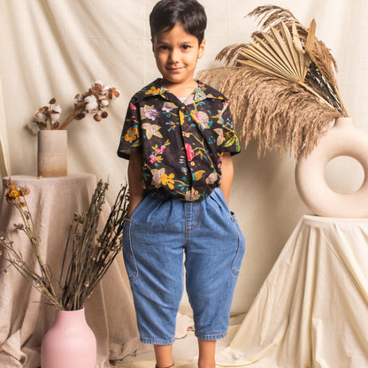 Black Floral Screenprint Boys Shirt-Kidswear-House of Ekam