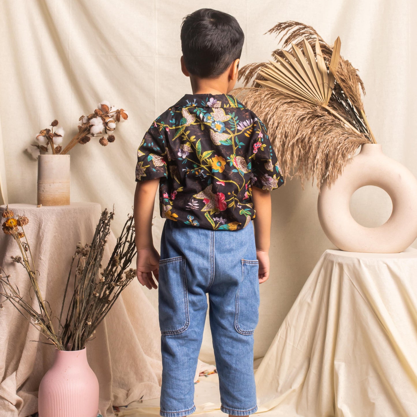 Black Floral Screenprint Boys Shirt-Kidswear-House of Ekam