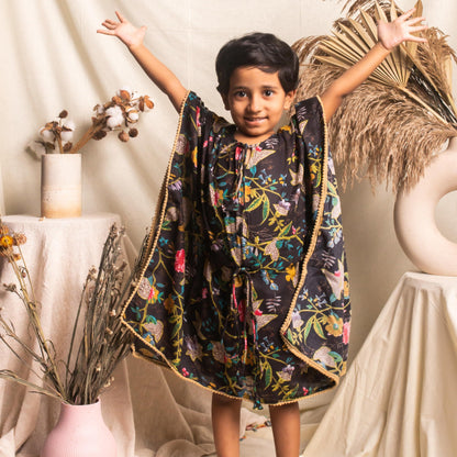 Black Floral Screenprint Girl Kaftan-Kidswear-House of Ekam