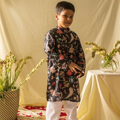 Black floral printed boys kurta with pyjama set-Kidswear-House of Ekam