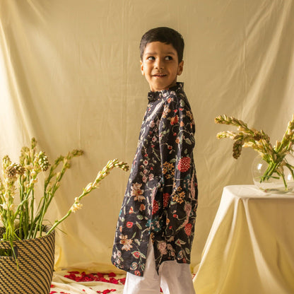 Black floral printed boys kurta with pyjama set-Kidswear-House of Ekam