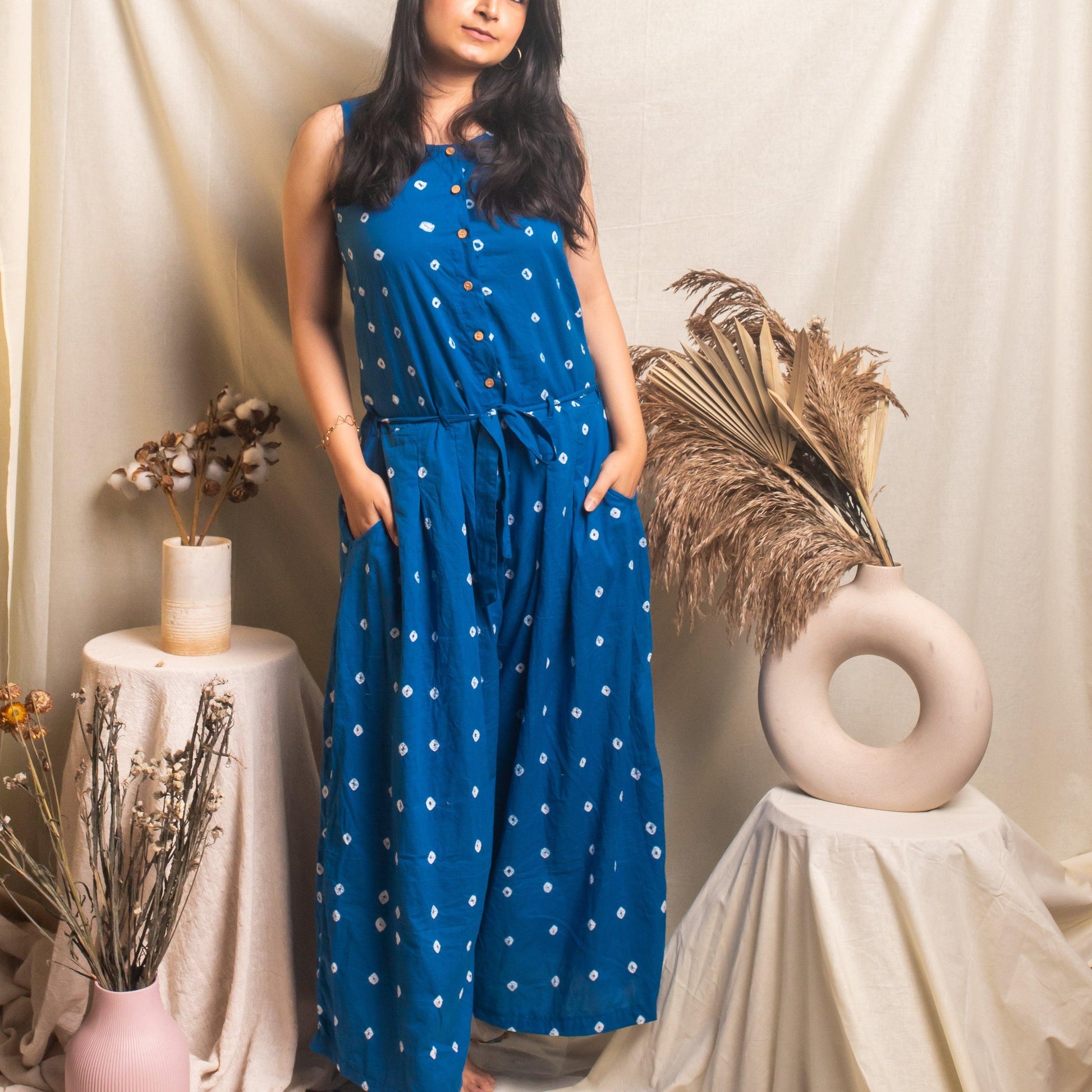 Blue Bandhani Jumpsuit-Jump suits-House of Ekam