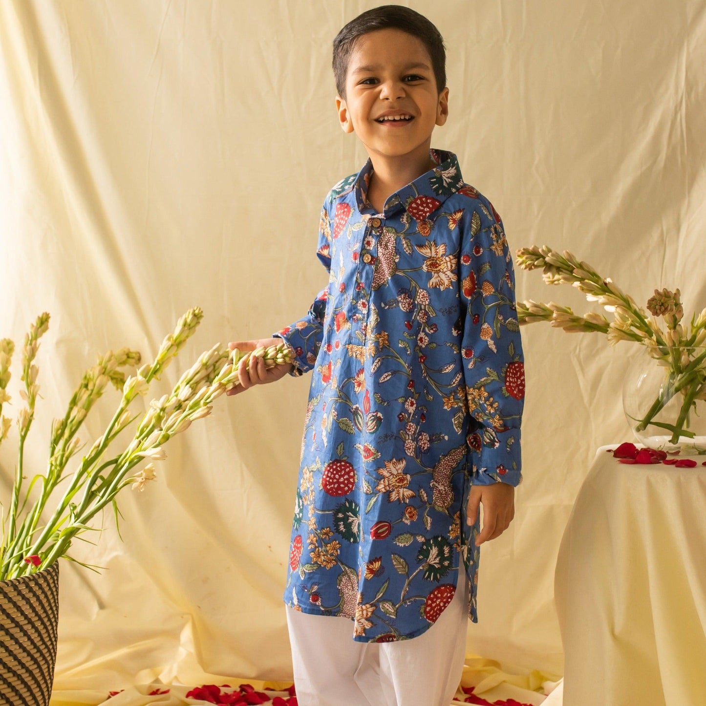 Blue Floral Boys Pathani Kurta with Pyjama Set-Kidswear-House of Ekam