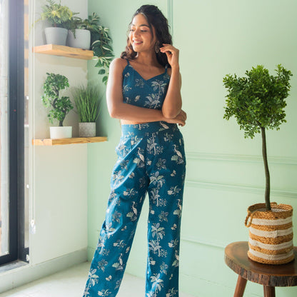 Blue Tropical Tango Co-ord Set with Crop Top-Coord sets-House of Ekam