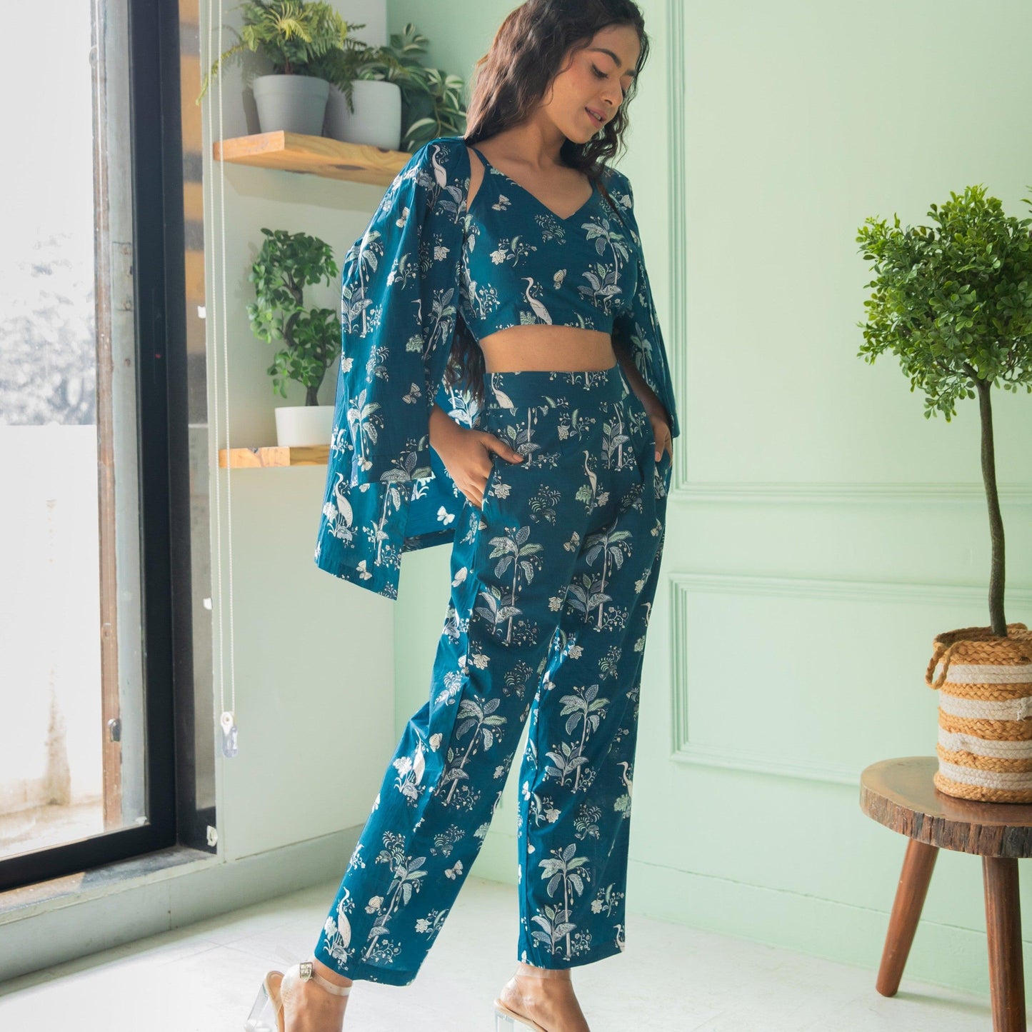 Blue Tropical Tango Co-ord Set with Crop Top-Coord sets-House of Ekam