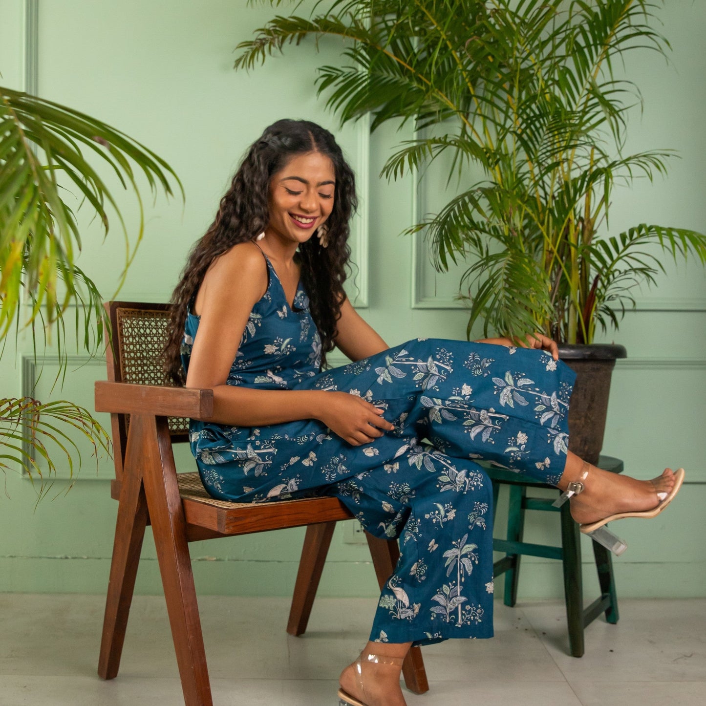 Blue Tropical Tango Cotton Jumpsuit-Jump suits-House of Ekam