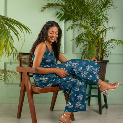 Blue Tropical Tango Cotton Jumpsuit-Jump suits-House of Ekam