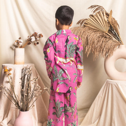 Dark Pink Tropical Safari Screenprint Nightsuit Set-Kidswear-House of Ekam