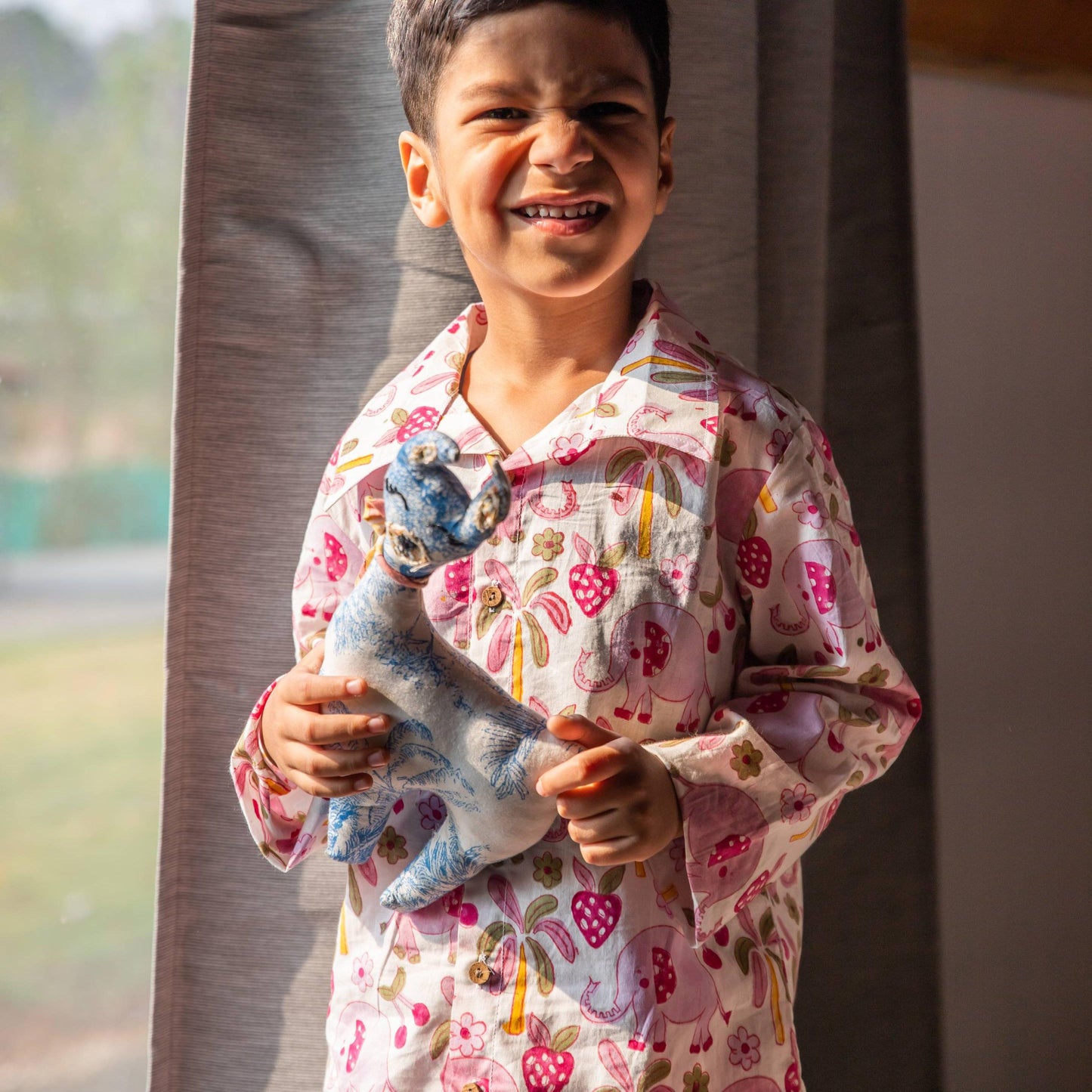 Elephant and Strawberry Blockprinted Nightsuit Set-Kidswear-House of Ekam