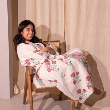 Floral Amaryllis Blockprinted Bathrobe-Bath robes-House of Ekam