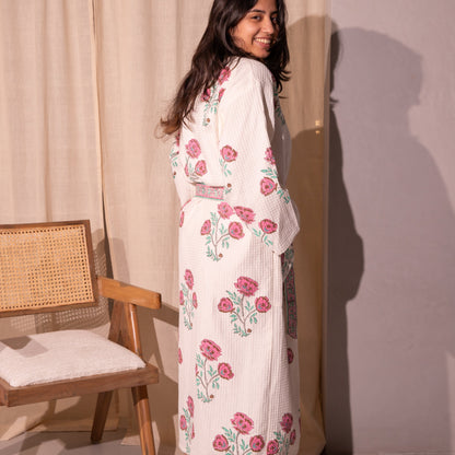 Floral Amaryllis Blockprinted Bathrobe-Bath robes-House of Ekam