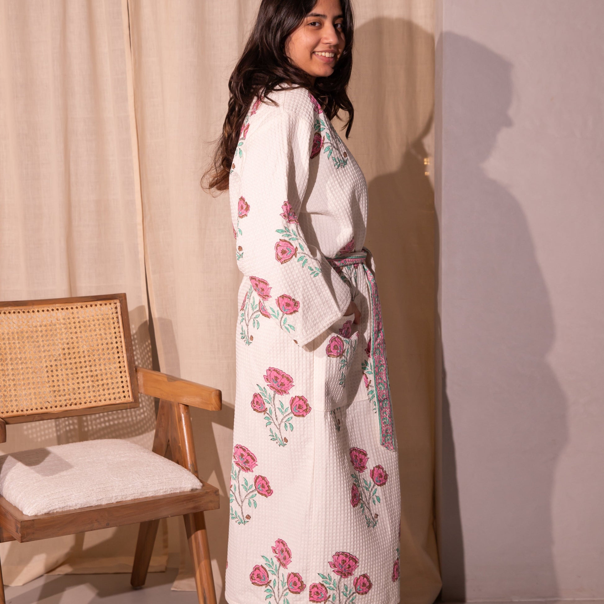 Floral Amaryllis Blockprinted Bathrobe-Bath robes-House of Ekam