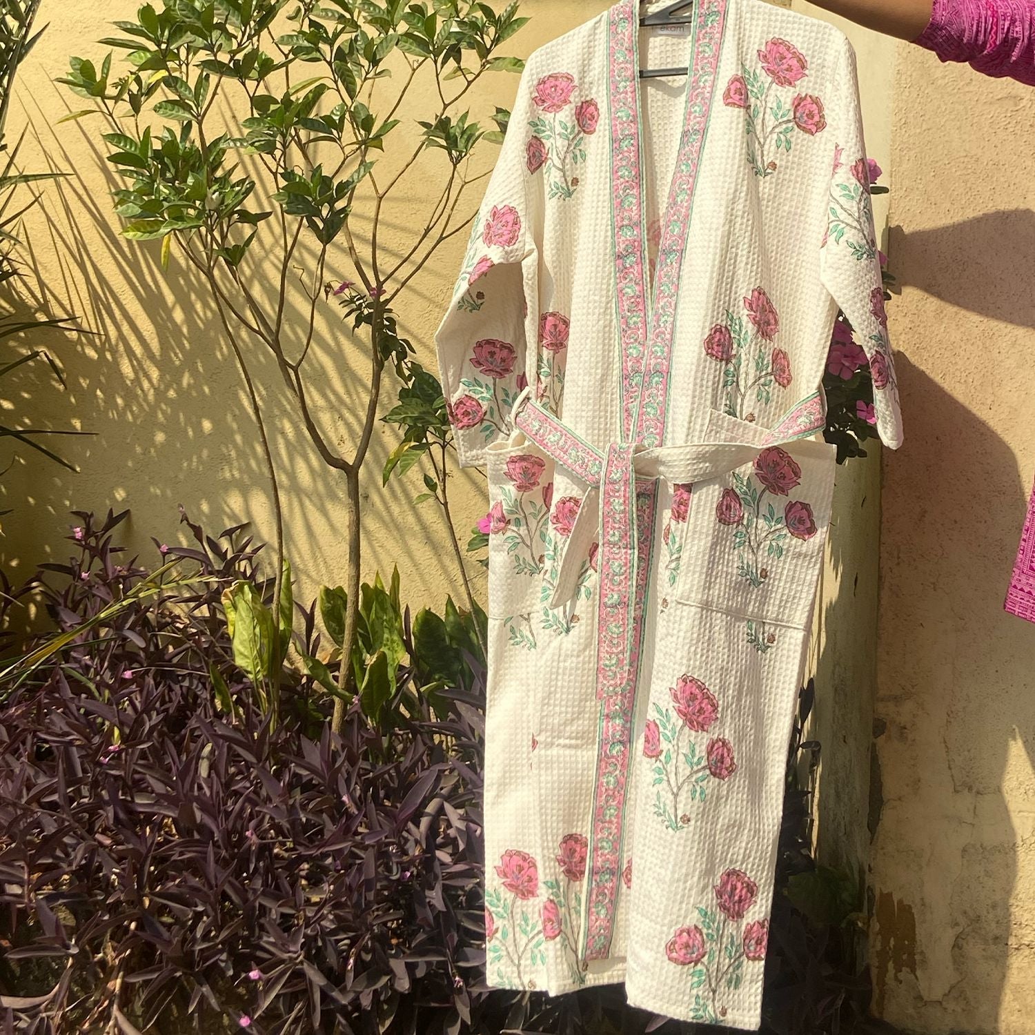 Floral Amaryllis Blockprinted Bathrobe-Bath robes-House of Ekam