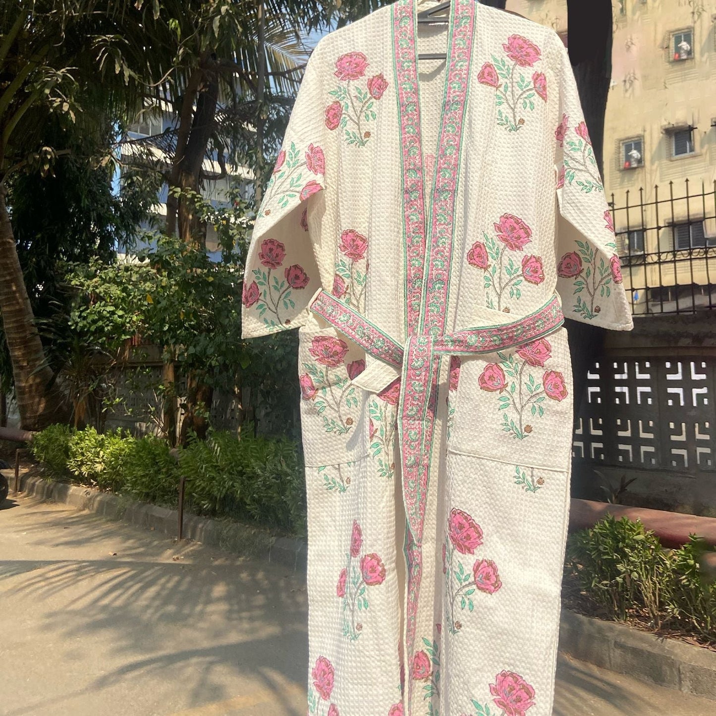 Floral Amaryllis Blockprinted Bathrobe-Bath robes-House of Ekam