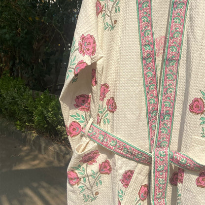 Floral Amaryllis Blockprinted Bathrobe-Bath robes-House of Ekam