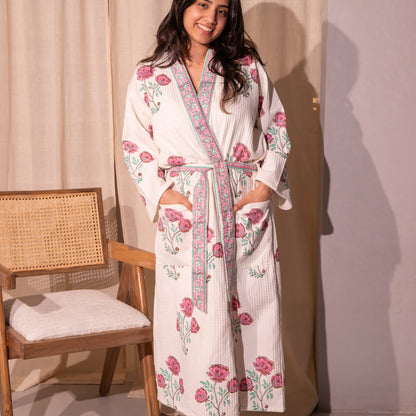 Floral Amaryllis Blockprinted Bathrobe-Bath robes-House of Ekam