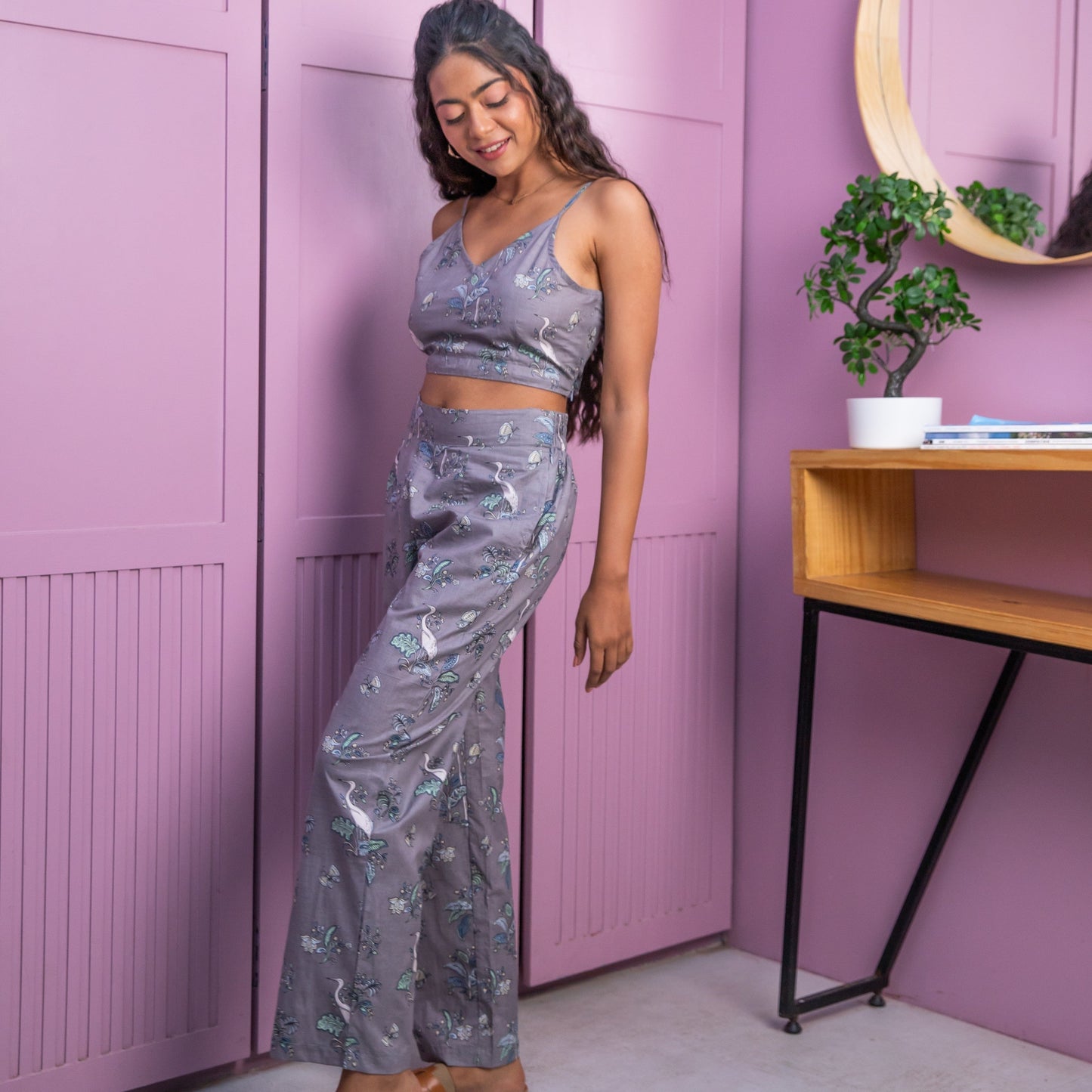 Grey Tropical Tango Co-ord Set with Crop Top-Coord sets-House of Ekam