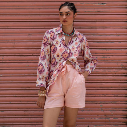 Ruhani White and Pink Ikat Blockprinted Co-ord set with Pink Shorts