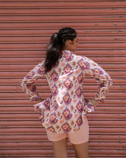 Ruhani White and Pink Ikat Blockprinted Co-ord set with Pink Shorts