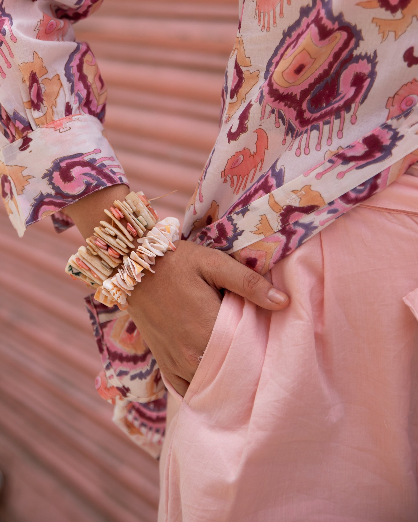 Ruhani White and Pink Ikat Blockprinted Co-ord set with Pink Shorts