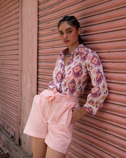 Ruhani White and Pink Ikat Blockprinted Co-ord set with Pink Shorts