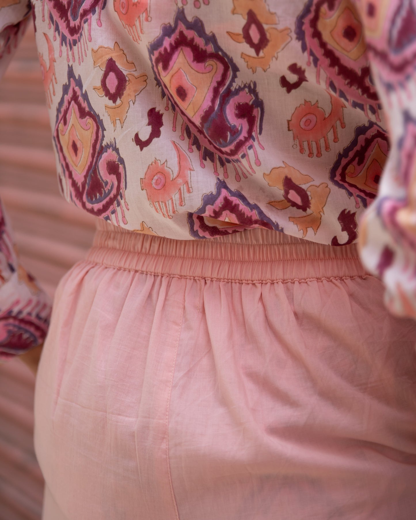 Ruhani White and Pink Ikat Blockprinted Co-ord set with Pink Shorts