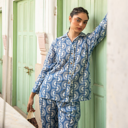 Blue Rainbow Blockprinted Loungewear Set