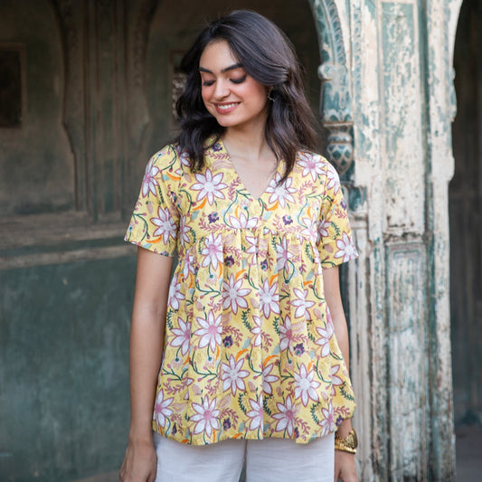 Ruhani Yellow Paisley Blockprinted Cotton Kurti