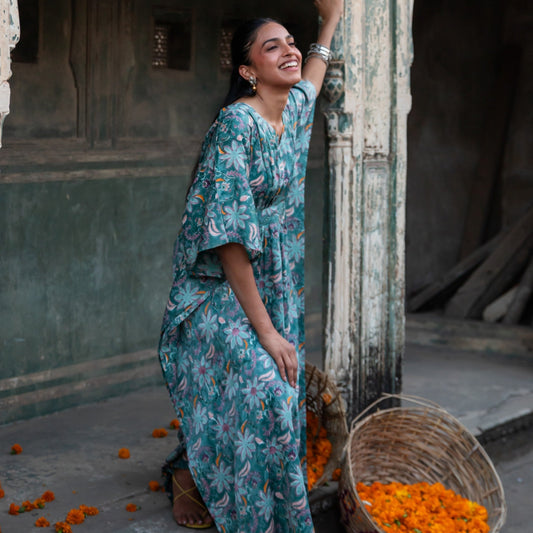 Ruhani Green Paisley Blockprinted Cotton Satin Kaftan