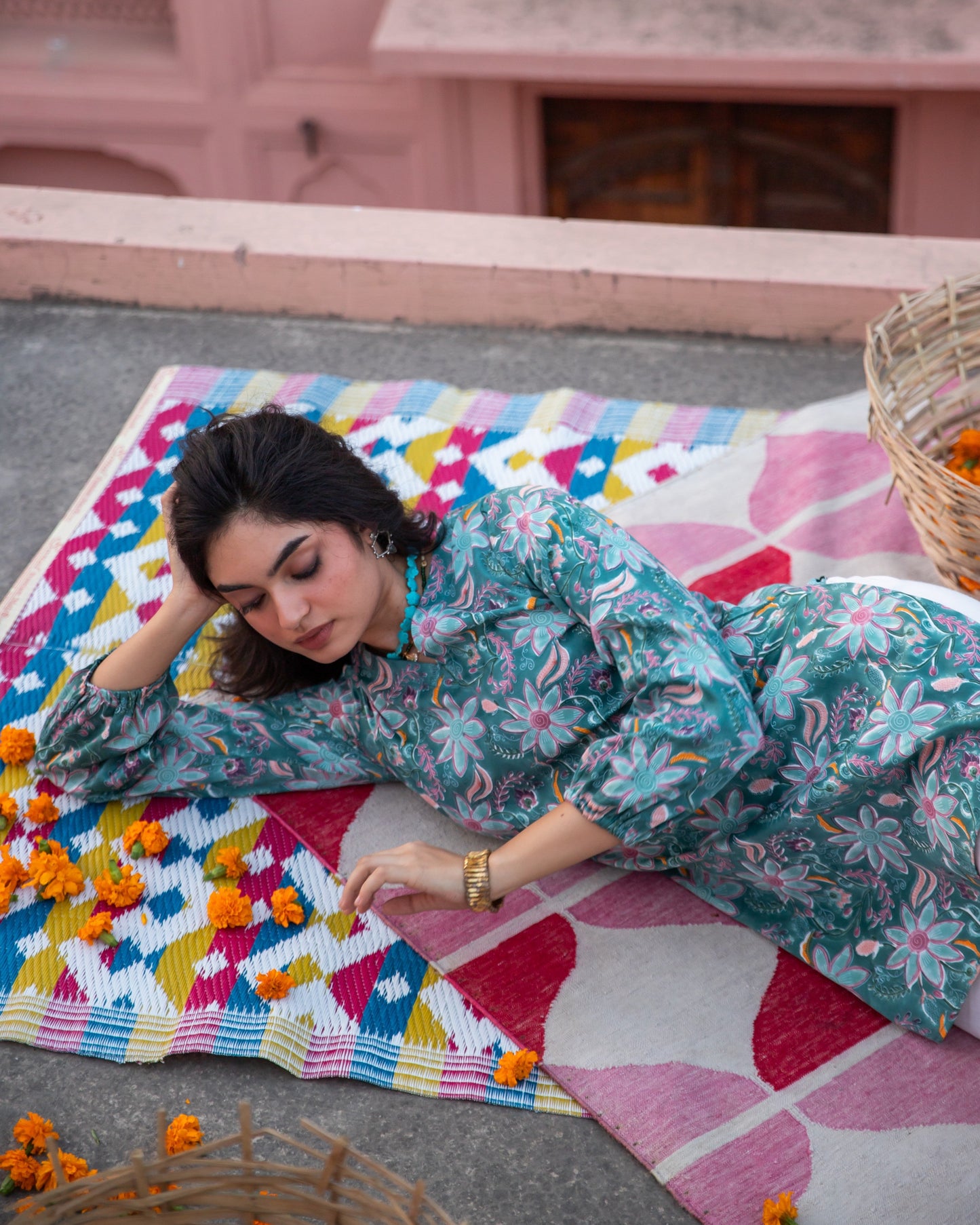 Ruhani Green Paisley Blockprinted Kurti with White Pants