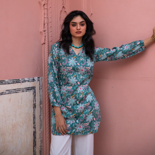 Ruhani Green Paisley Blockprinted Kurti with White Pants