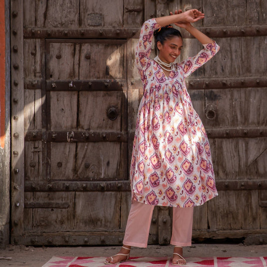 Ruhani White and Pink Ikat Blockprinted Suit Set