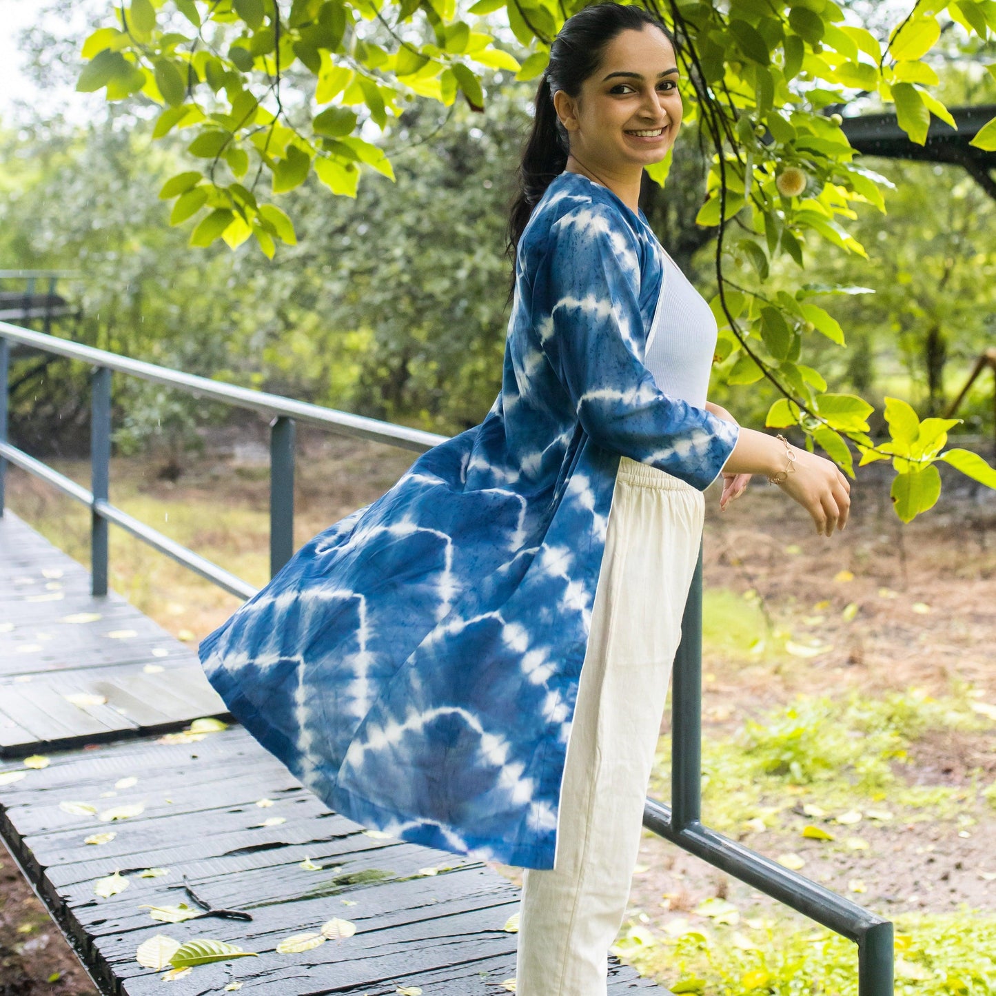 Indigo Chevron Tie Dye Front Open Shrug-Shrugs-House of Ekam