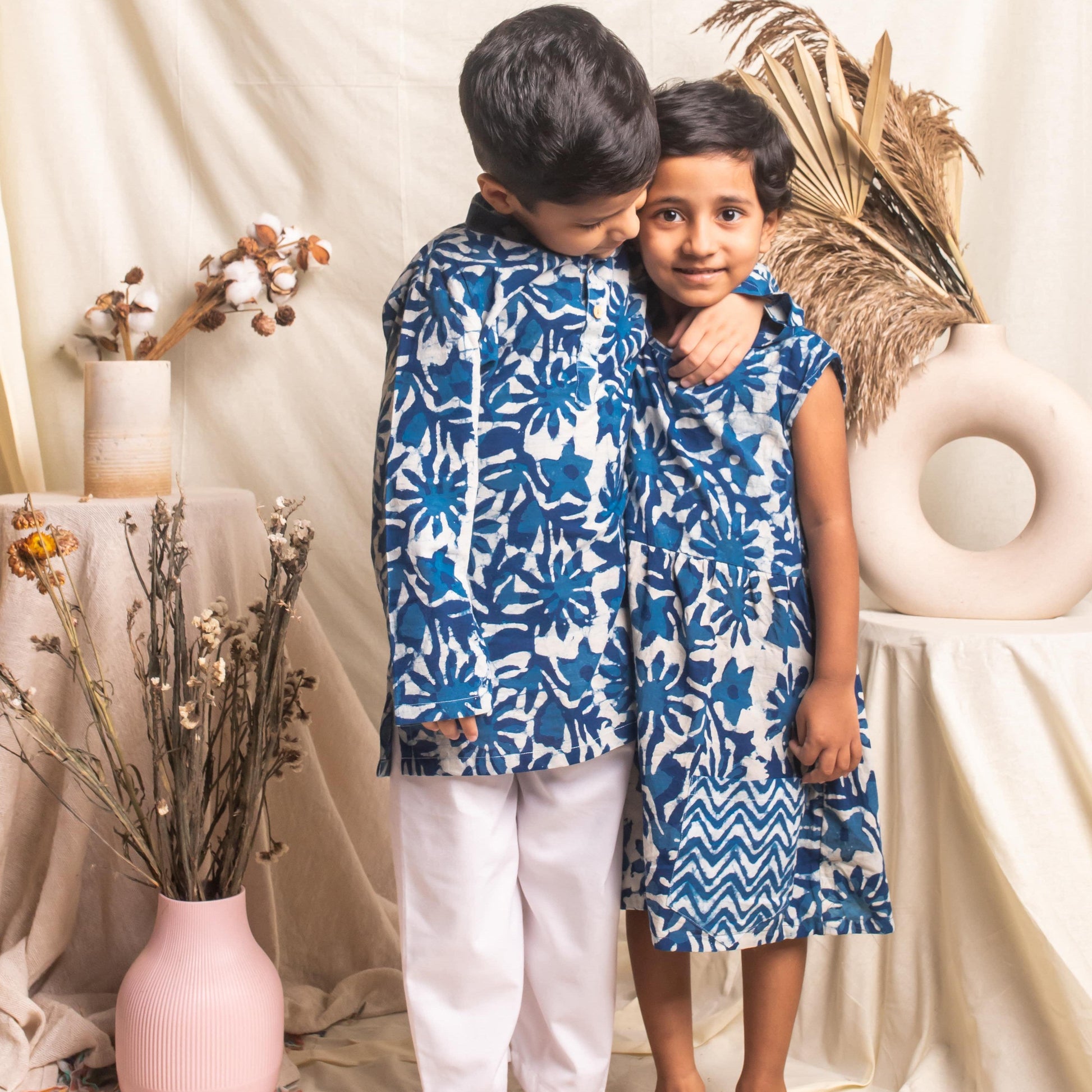 Indigo Floral Blockprint Boys Kurta with Pyjama Set-Kidswear-House of Ekam