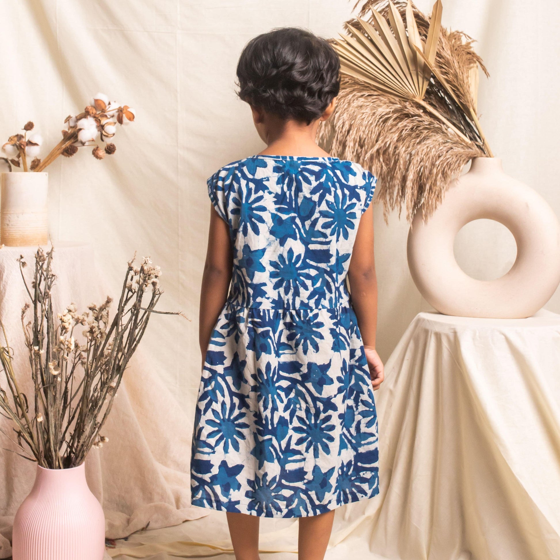 Indigo Floral Blockprint Girls Dress-Kidswear-House of Ekam