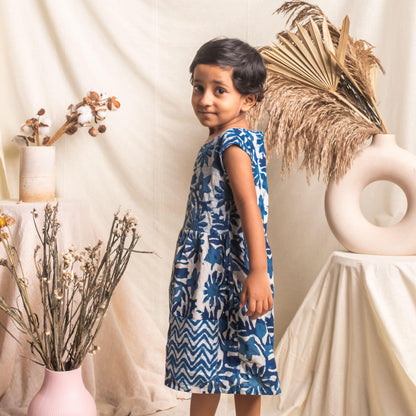 Indigo Floral Blockprint Girls Dress-Kidswear-House of Ekam