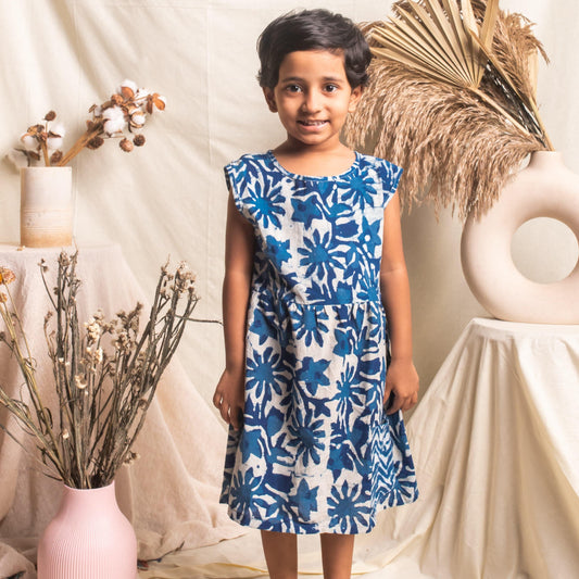 Indigo Floral Blockprint Girls Dress-Kidswear-House of Ekam