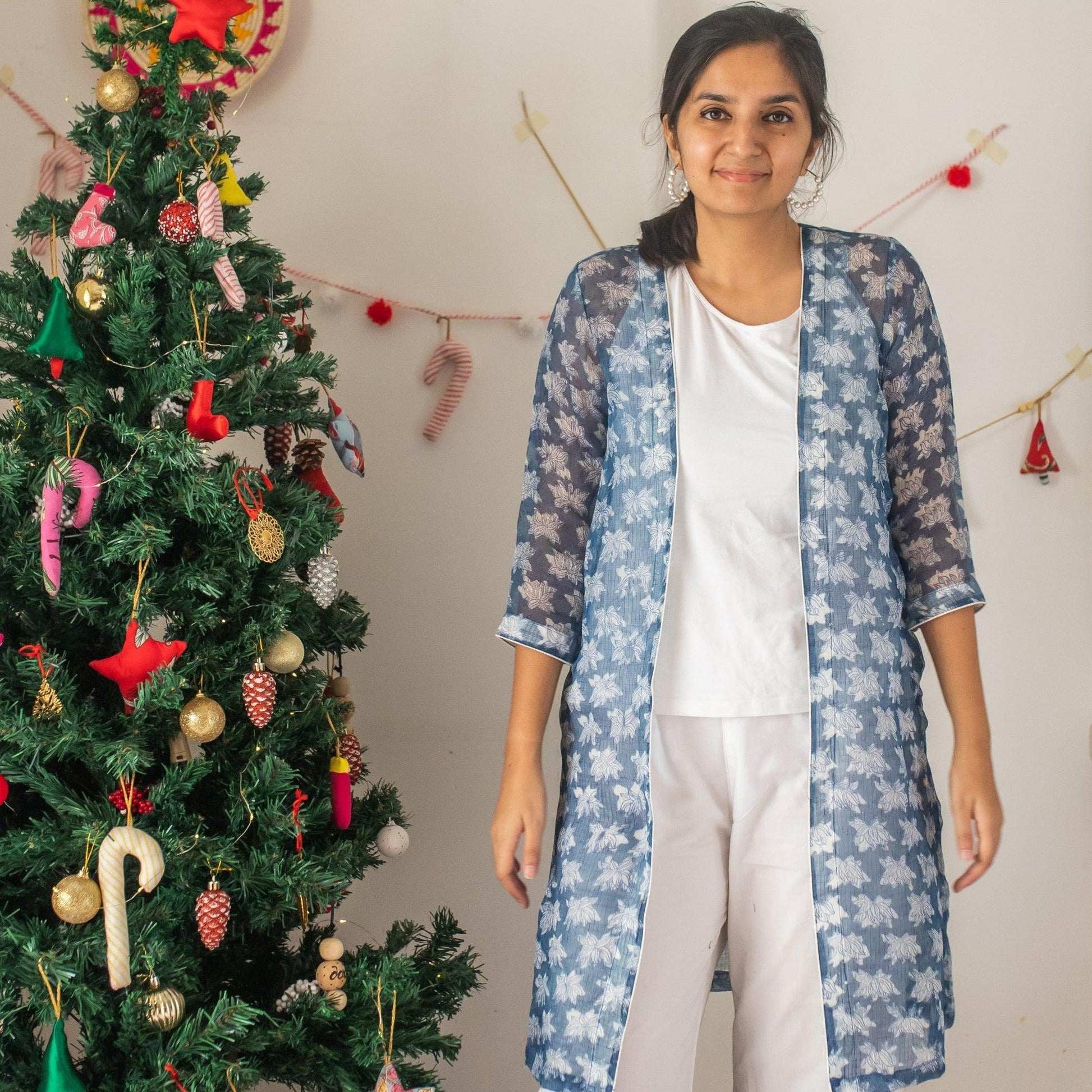 Indigo Flower Kota Doriya Shrug-Shrugs-House of Ekam