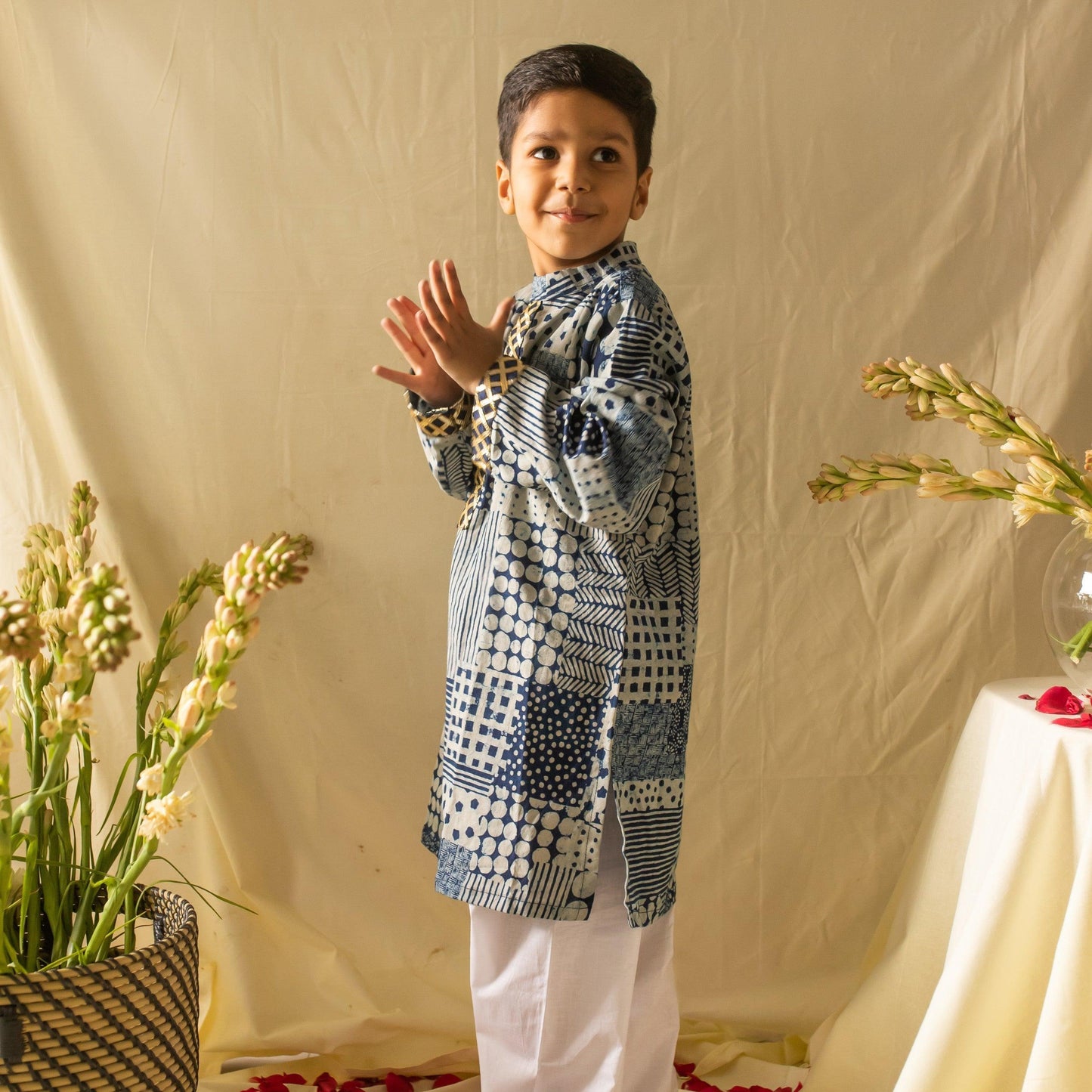 Indigo Patchwork Printed Boys Gota Kurta with Pyjama Set-Kidswear-House of Ekam