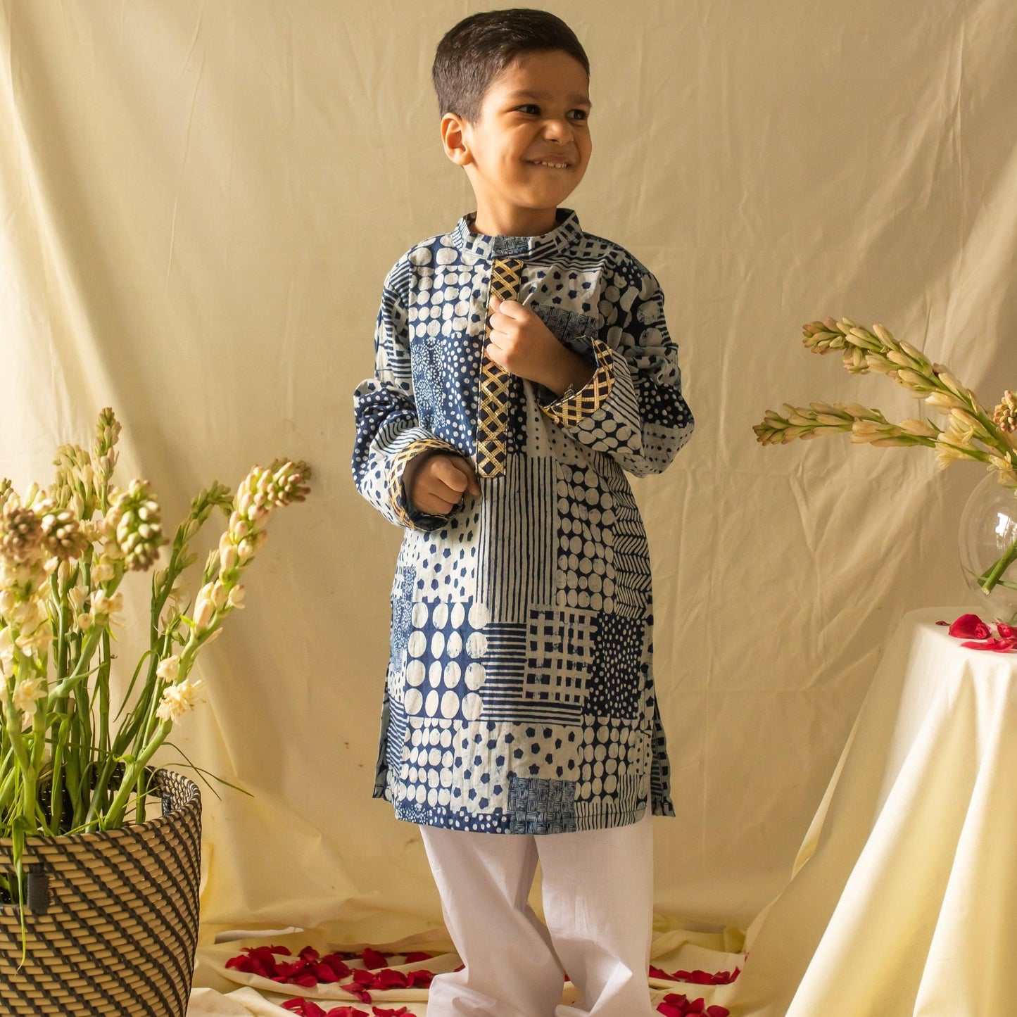 Indigo Patchwork Printed Boys Gota Kurta with Pyjama Set-Kidswear-House of Ekam