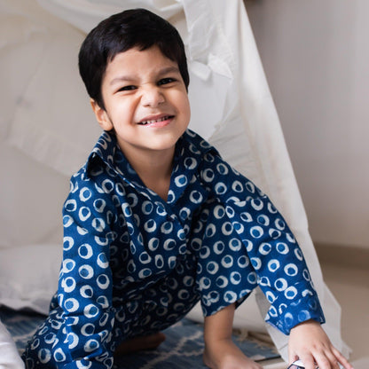 Indigo Polka Blockprint Boys Nightsuit Set-Kidswear-House of Ekam