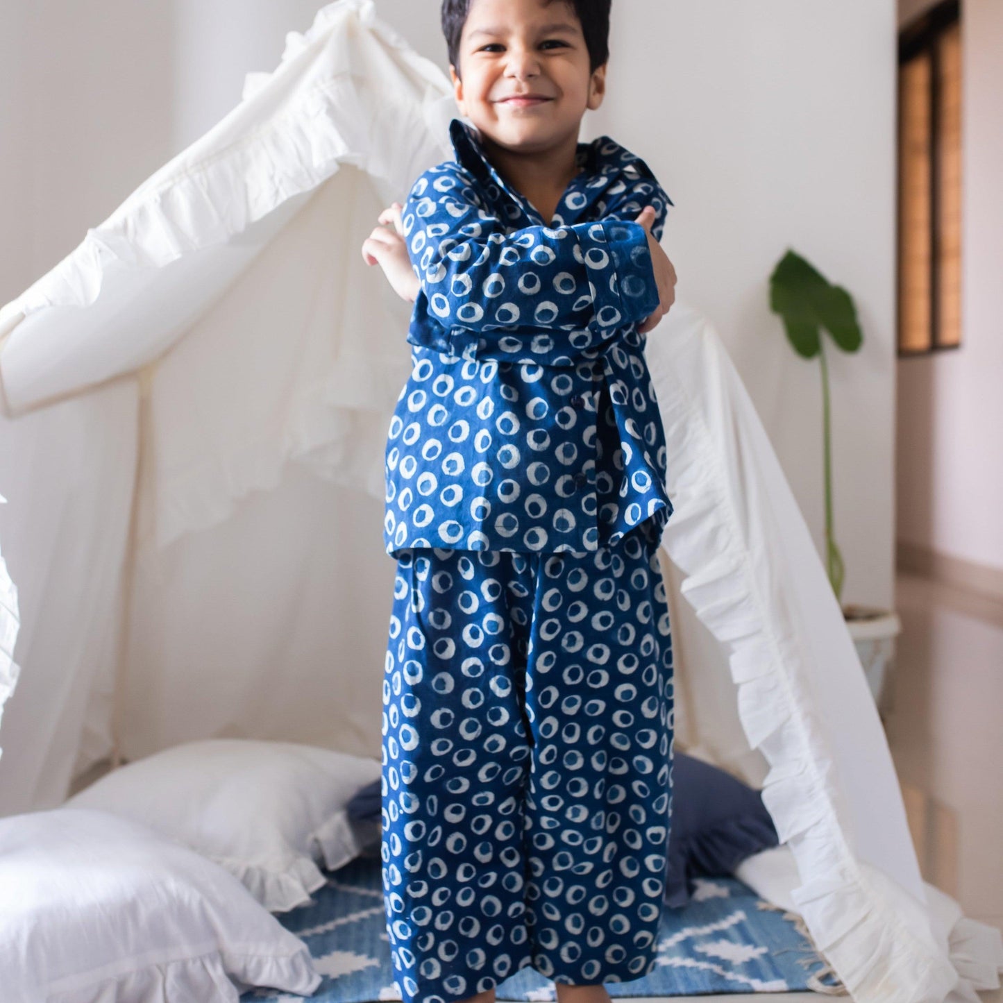 Indigo Polka Blockprint Boys Nightsuit Set-Kidswear-House of Ekam