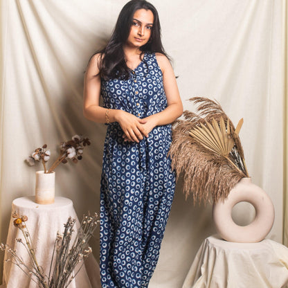 Indigo Polka Blockprint Jumpsuit-Jump suits-House of Ekam