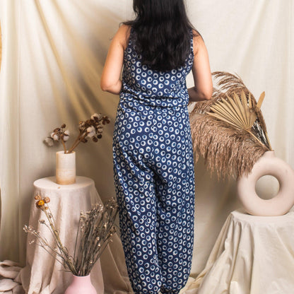 Indigo Polka Blockprint Jumpsuit-Jump suits-House of Ekam