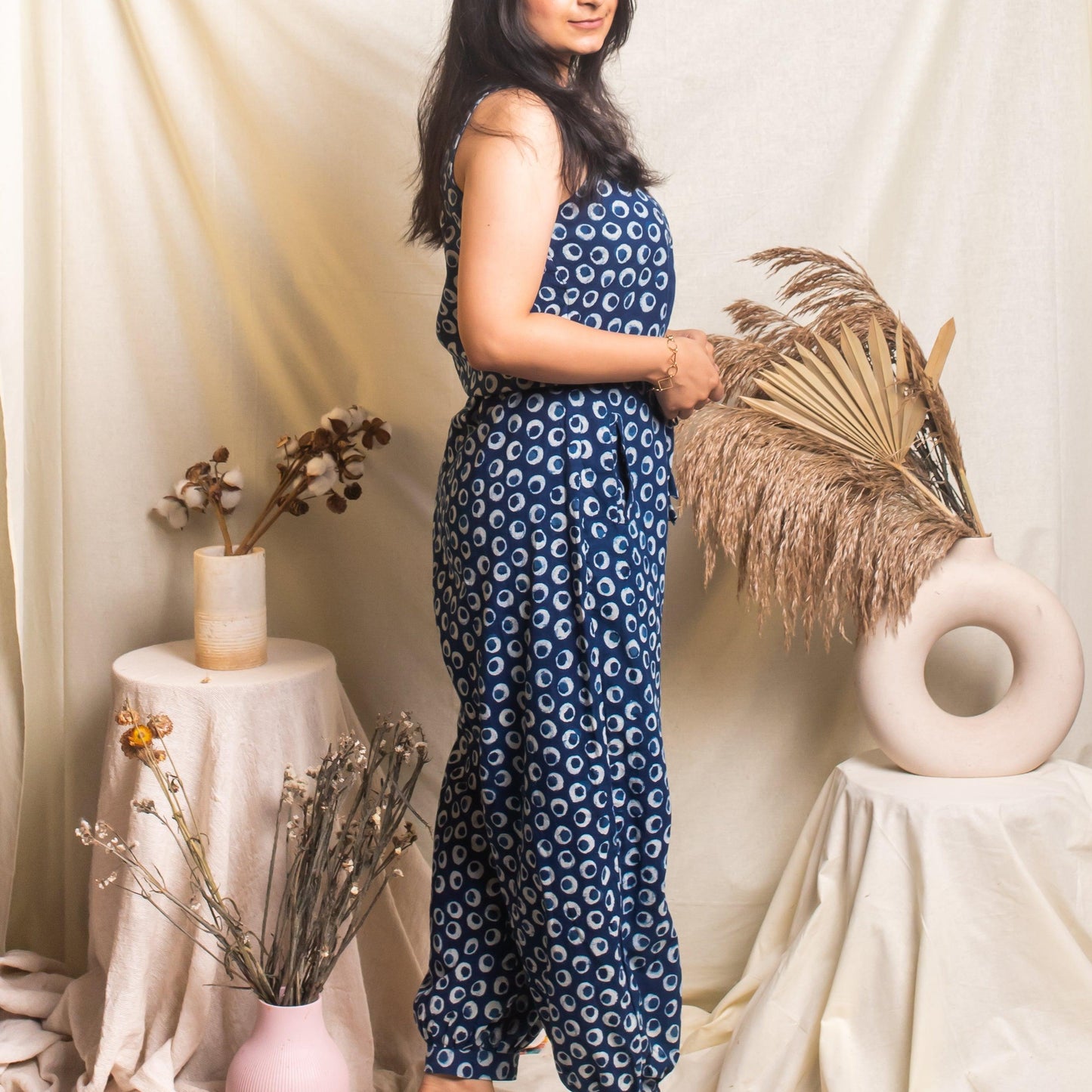 Indigo Polka Blockprint Jumpsuit-Jump suits-House of Ekam