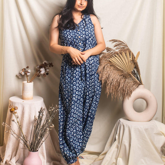 Indigo Polka Blockprint Jumpsuit-Jump suits-House of Ekam