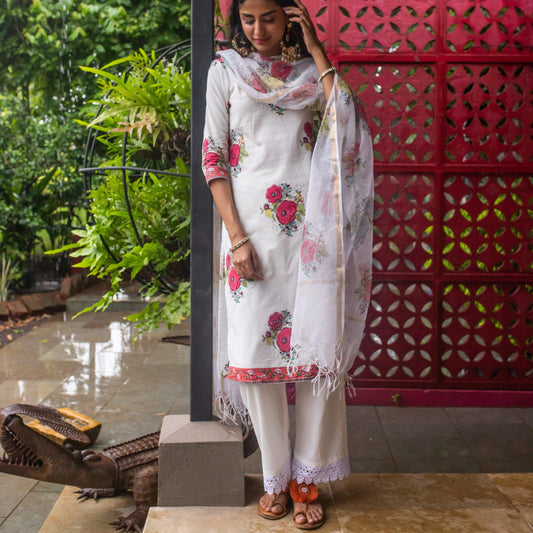 Kentish Rose Blockprint Cotton Suit Set With Dupatta-Suits-House of Ekam