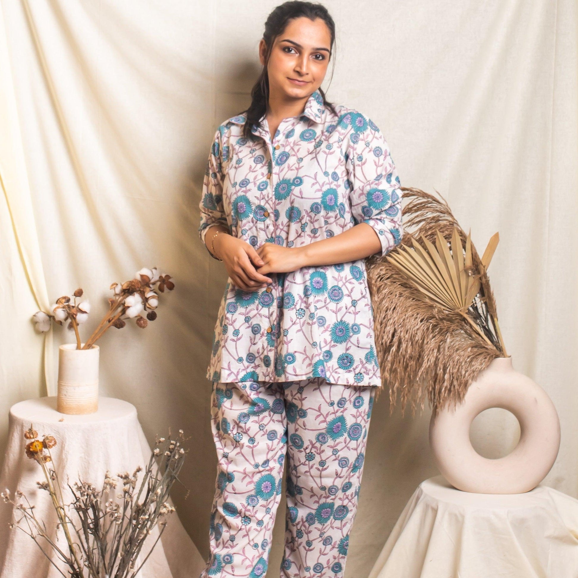 Lavender Bouquet Blockprinted Loungewear Pyjama Set-loungewear-House of Ekam