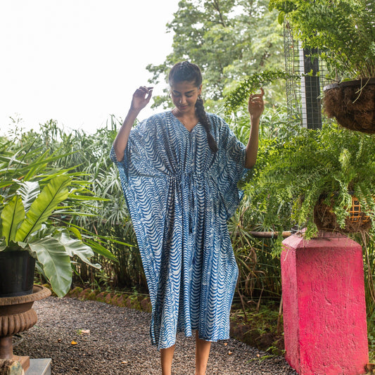 Leher Indigo Wave Kaftan-Kaftaans-House of Ekam