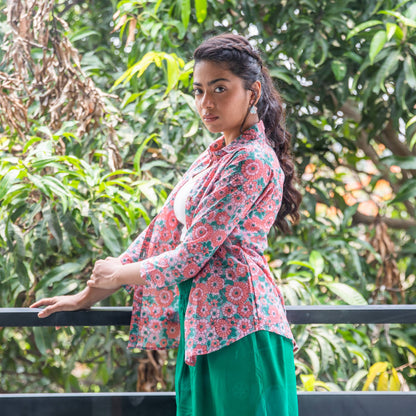 Peach & Green Daisy Floral Handblock Printed Shirt-Shirts-House of Ekam